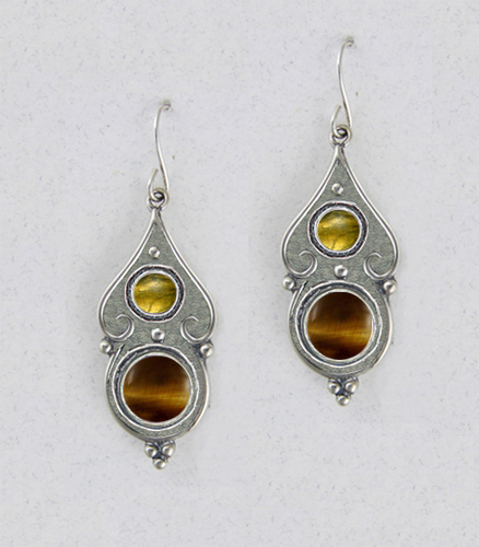 Sterling Silver Gothic Look With Tiger Eye And Citrine Gemstone Drop Dangle Earrings